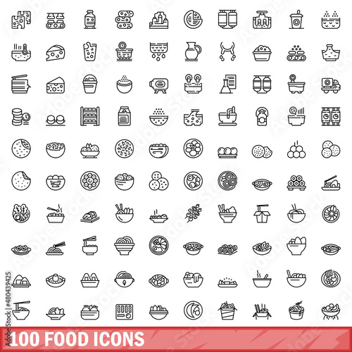 100 food icons set, outline style