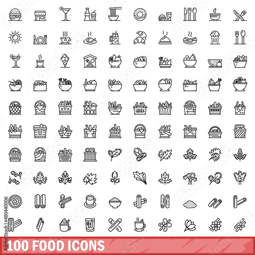 100 food icons set, outline style
