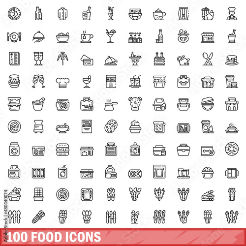 100 food icons set, outline style