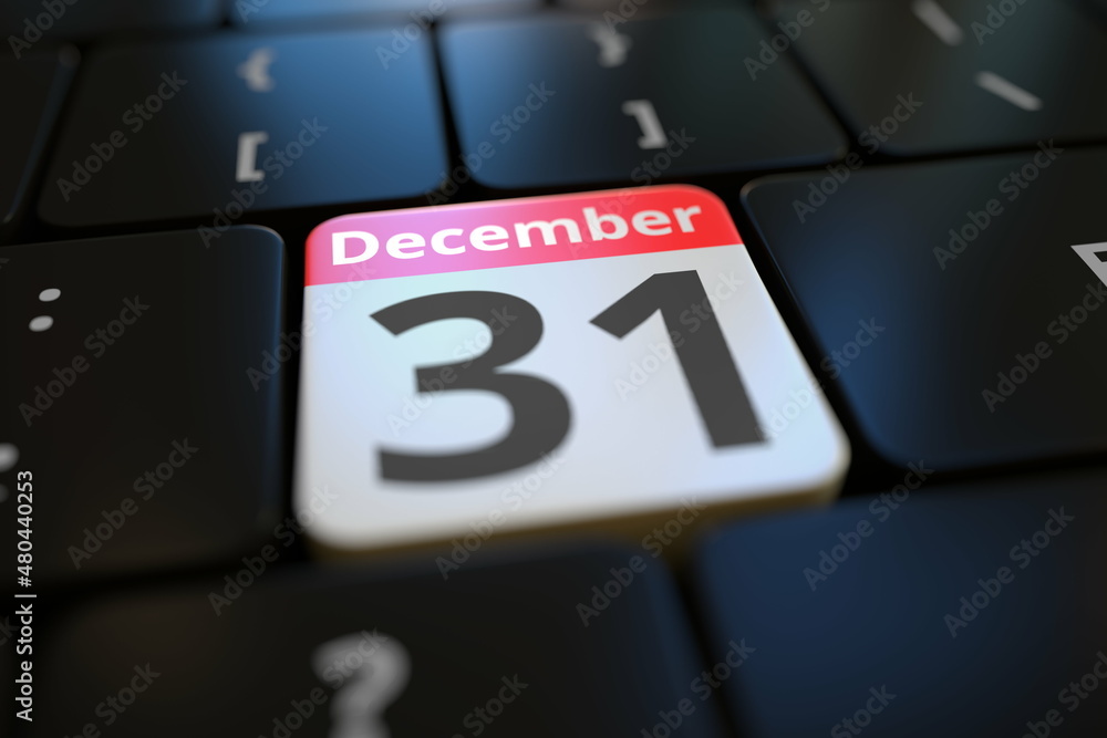December 31 date on a keyboard key, 3d rendering December 31 date on a keyboard key, 3d rendering