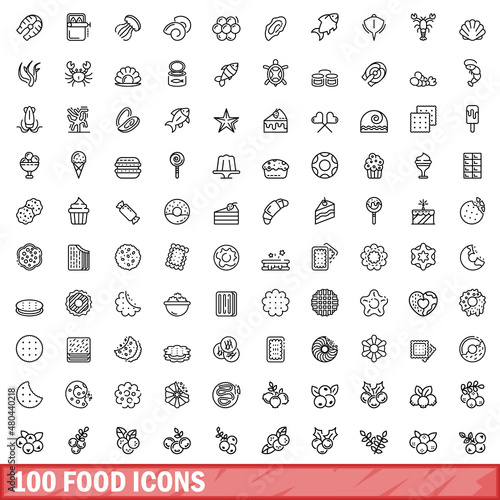 100 food icons set, outline style
