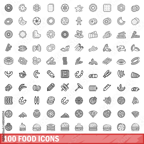 100 food icons set, outline style