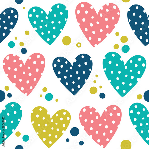 Cheerful pattern with bright hearts in polka dots. Background with hearts in pastel colors. Great for Baby  Valentine s Day  Mother s Day  wedding  scrapbook  surface textures.