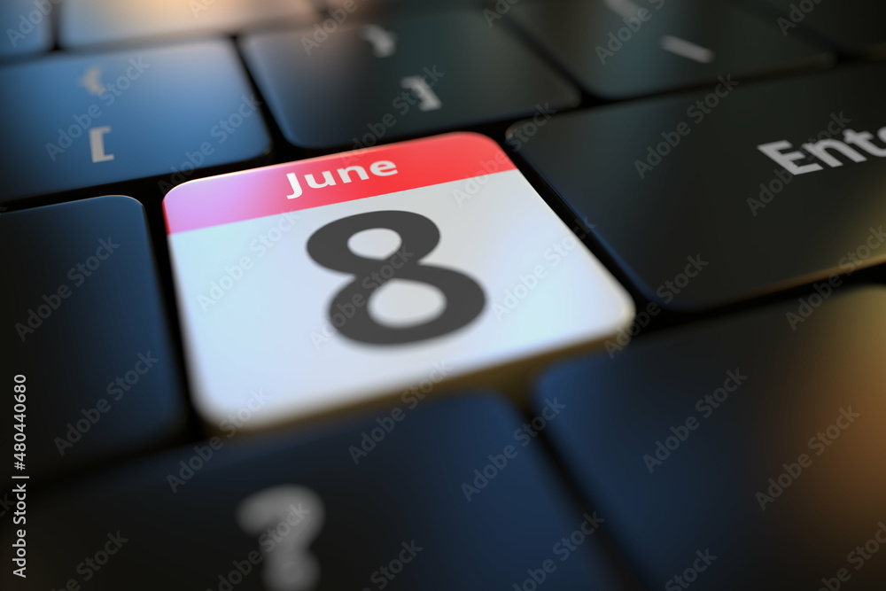 June 8 on a keyboard key, 3d rendering June 8 on a keyboard key, 3d rendering