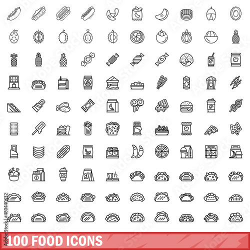 100 food icons set, outline style