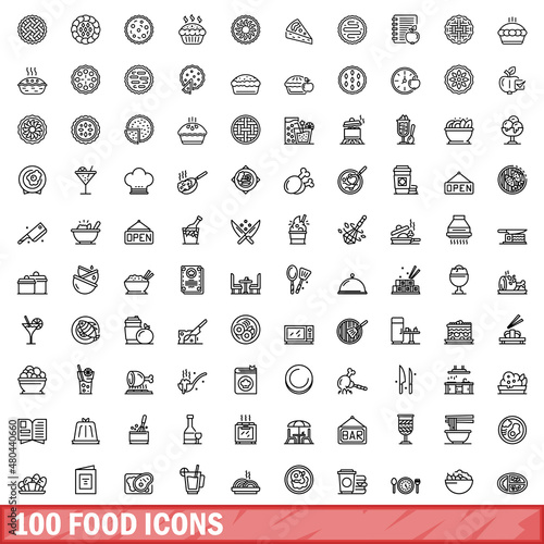 100 food icons set, outline style
