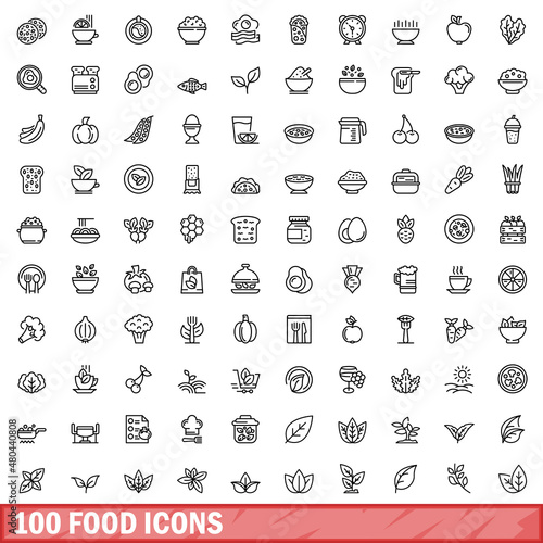 100 food icons set, outline style