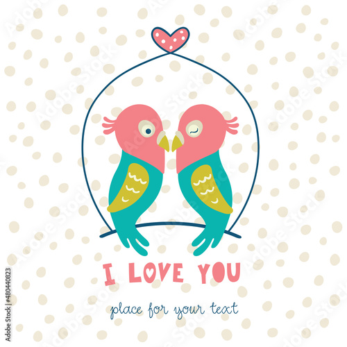 Romantic card with lovebird parrots.