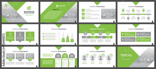 Presentation template in green. A set of slides for a business company.