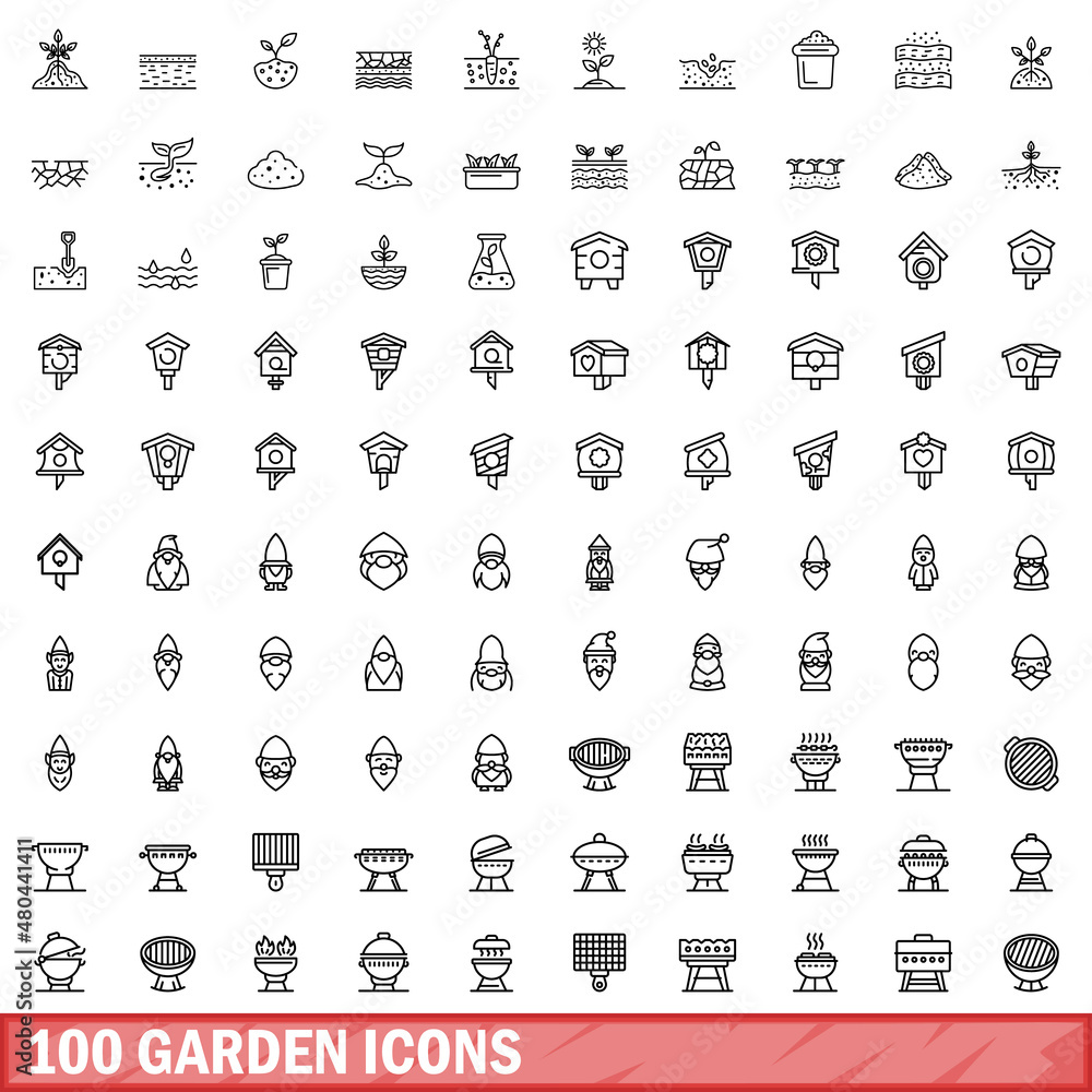 100 garden icons set, outline style 100 garden icons set, outline style