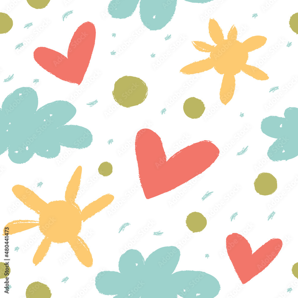 Seamless background with clouds, hearts and sun. Pattern in pastel colors. Perfect for baby clothes, wallpapers, fabrics, paper and other surfaces. Seamless background with clouds, hearts and sun. Pattern in pastel colors. Perfect for baby clothes, wallpapers, fabrics, paper and other surfaces.