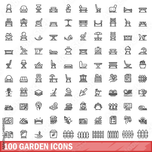 100 garden icons set, outline style