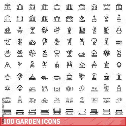 100 garden icons set, outline style