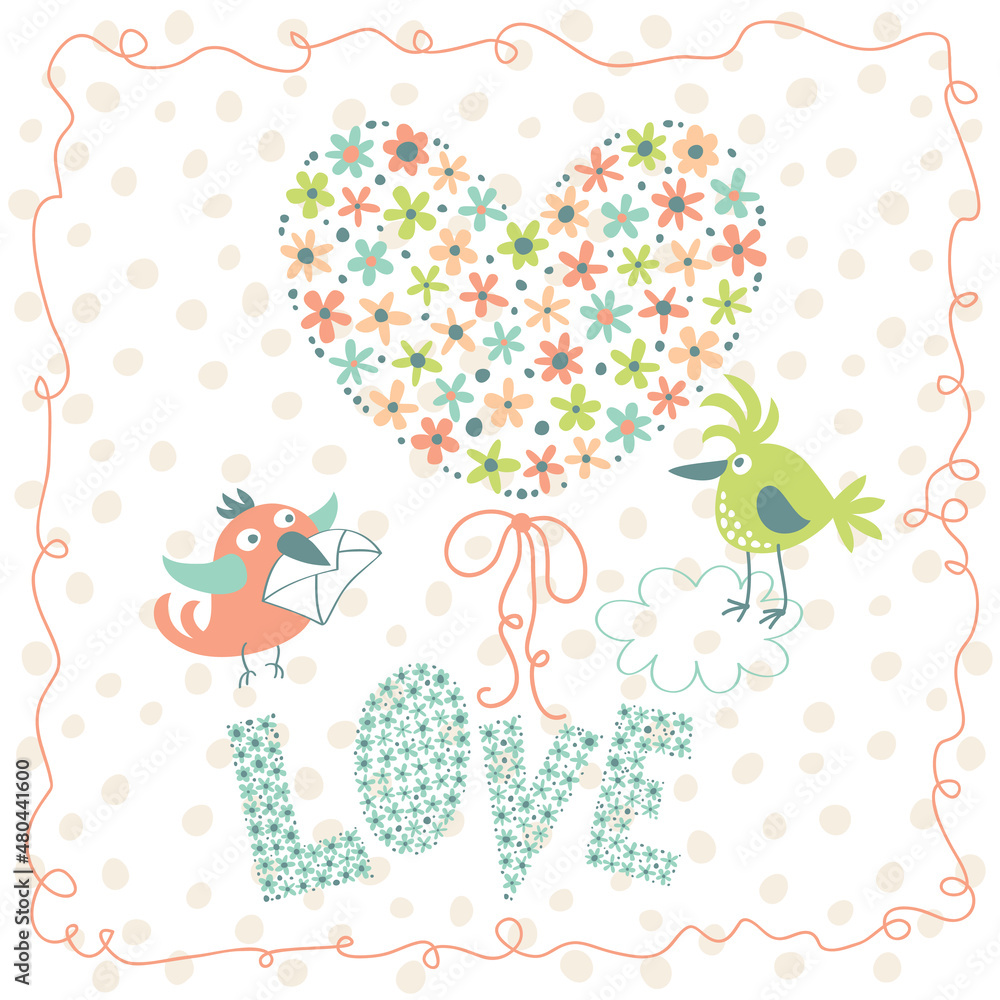 Love. Greeting card with cute birds and flowers heart.