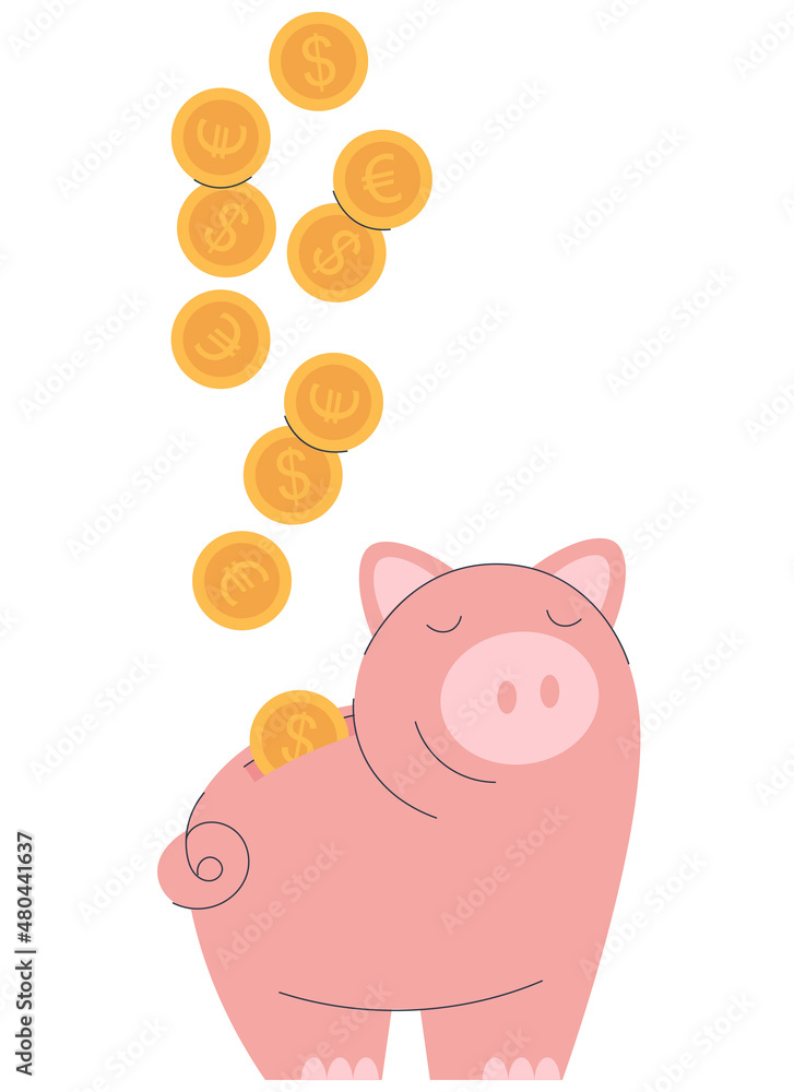 Cute pig piggy bank made of ceramics. Coins are poured into the piggy bank. Financial accumulation. Flat vector illustration Cute pig piggy bank made of ceramics. Coins are poured into the piggy bank. Financial accumulation. Flat vector illustration
