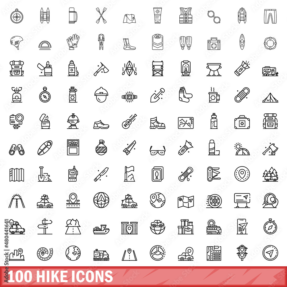 100 hike icons set, outline style 100 hike icons set, outline style
