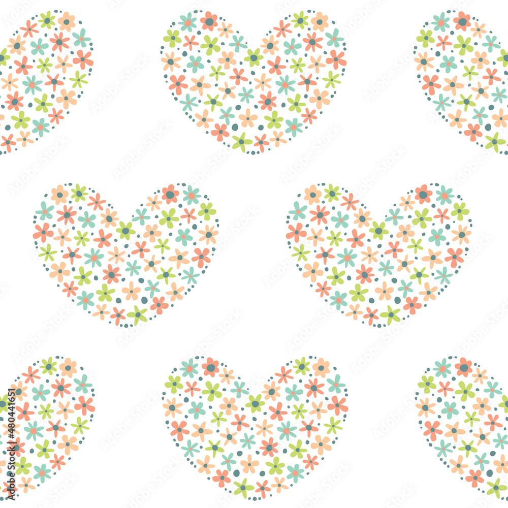 Seamless pattern with hearts in flowers on a white background. Seamless pattern with hearts in flowers on a white background.