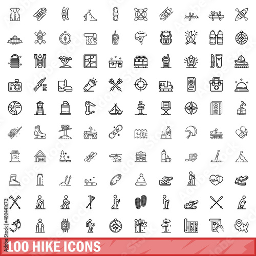 100 hike icons set, outline style