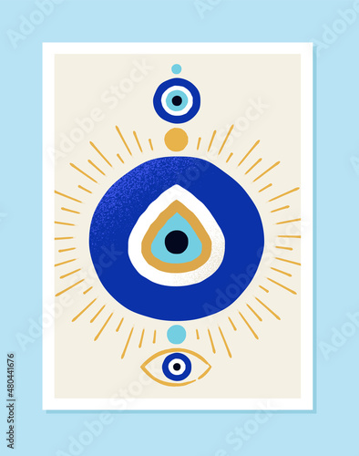 Poster with Turkish traditional amulet. Abstract art with geometric shapes, ornaments and evil eye. Design element for wall decoration. Cartoon flat vector illustration isolated on blue background