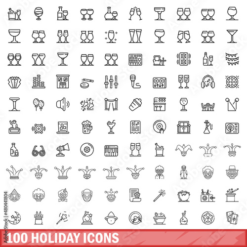 100 holiday icons set, outline style