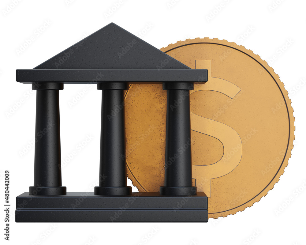 Black bank building and golden coin with dollar sign Black bank building and golden coin with dollar sign