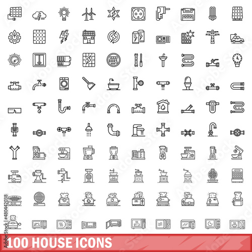 100 house icons set, outline style
