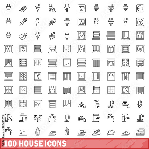 100 house icons set, outline style