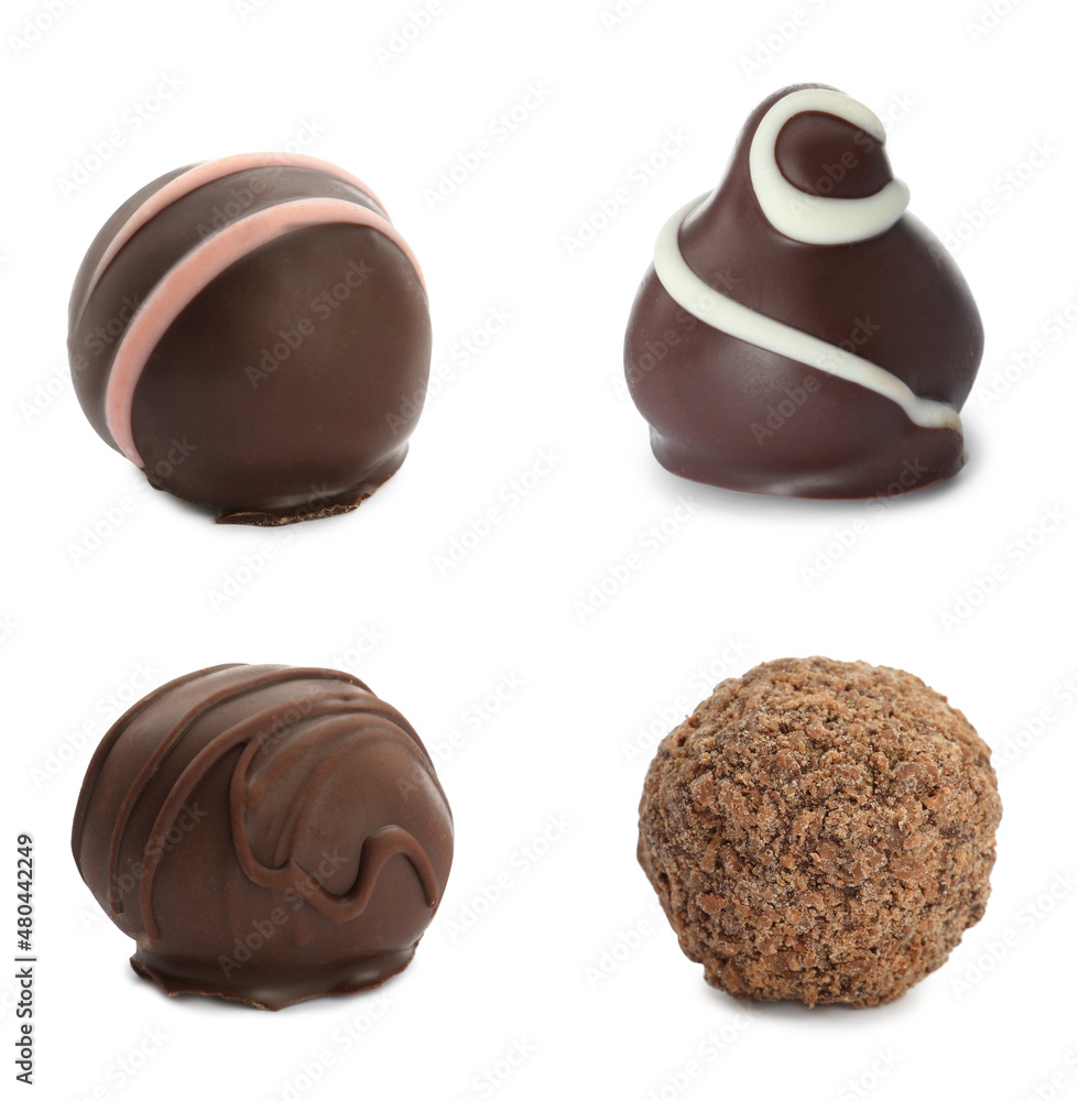 Set with delicious sweet chocolate truffles on white background Set with delicious sweet chocolate truffles on white background