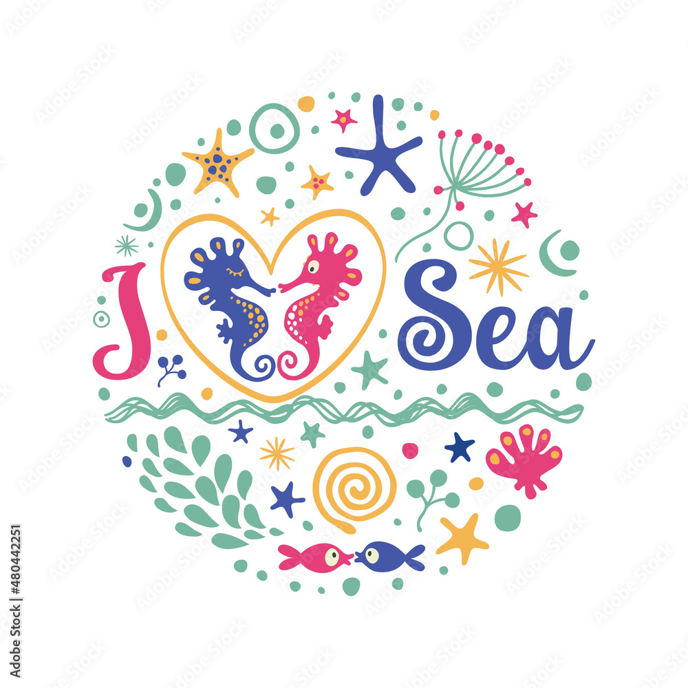 Summer print with marine inhabitants: sea horses, fish, shells, starfish and algae. Great for summer bag, t-shirt, bedspread and other surfaces.
