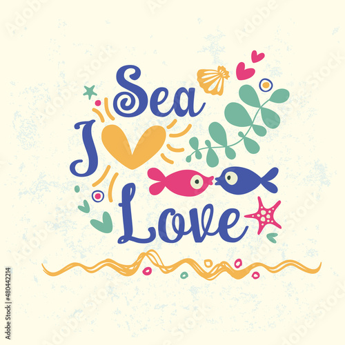 Summer print with marine inhabitants: sea horses, fish, shells, starfish and algae. Great for summer bag, t-shirt, bedspread and other surfaces.
