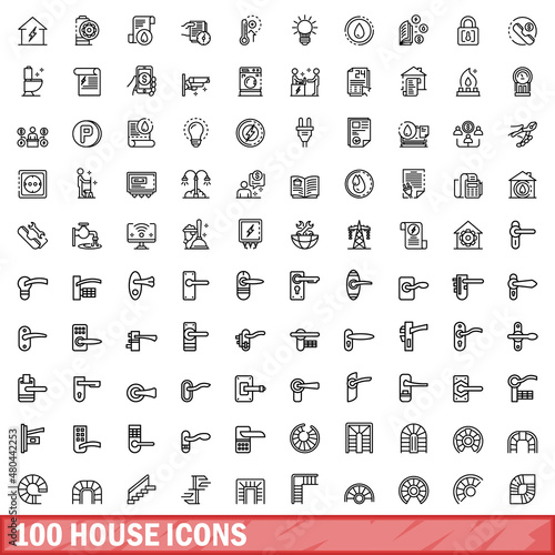 100 house icons set, outline style