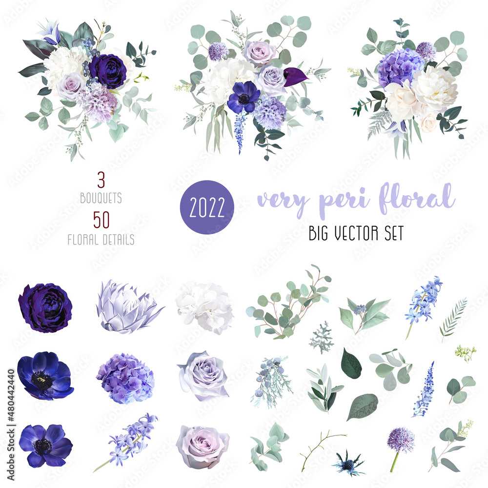 © lavendertime - Periwinkle violet, purple anemone, dusty mauve and lilac rose, white hydrangea, hyacinth, magnolia