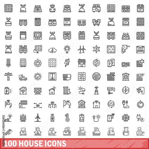 100 house icons set, outline style