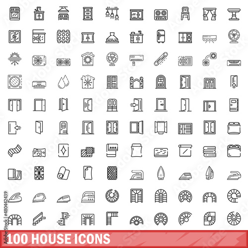 Photography 100 house icons set, outline style