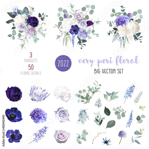 Fotografie, Obraz Periwinkle violet, purple anemone, dusty mauve and lilac rose, white hydrangea,