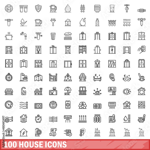 100 house icons set, outline style