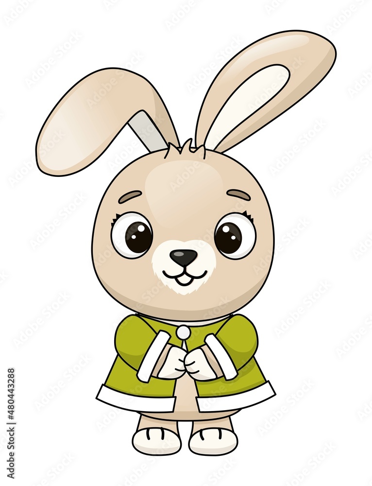 Fototapeta premium Cute rabbit in a green robe. Print for a postcard. Easter Bunny
