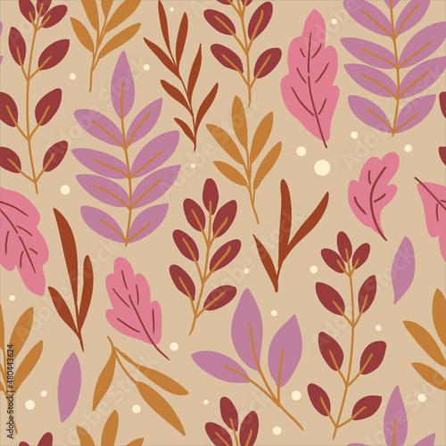 seamless pattern trendy leaves, botanical vector nature illustration