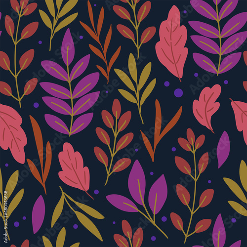 seamless pattern trendy leaves, botanical vector nature illustration