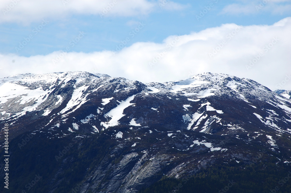 Panoramic view of norwegian mountains covered with snow.