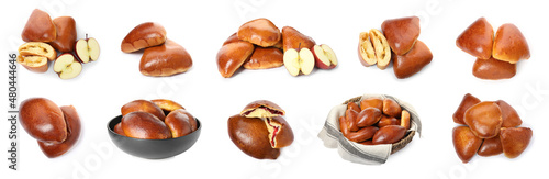 Set with delicious baked pirozhki on white background. Banner design