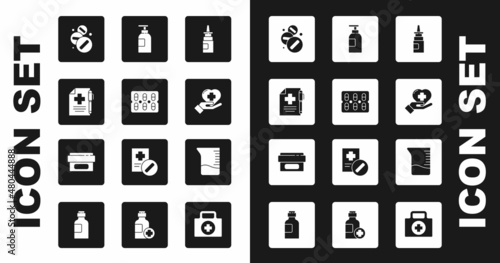 Set Bottle nasal spray, Medical prescription and pen, Medicine pill or tablet, Heart with cross, Hand sanitizer bottle, Measuring cup and Ointment cream tube medicine icon. Vector