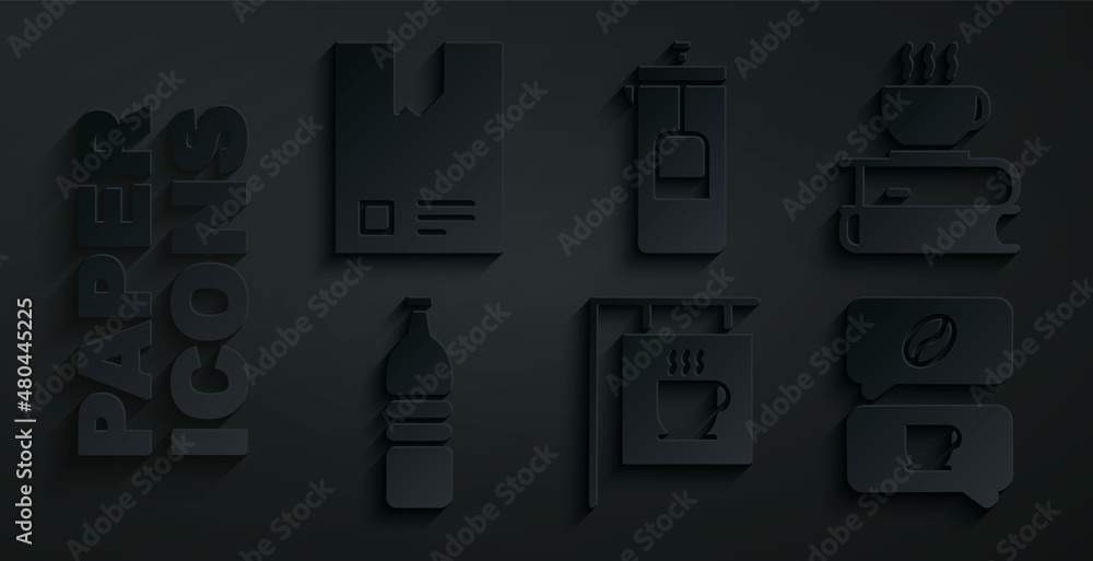 Set Street signboard coffee, Coffee cup and book, Bottle water, conversation, French press and Bag beans icon. Vector Set Street signboard coffee, Coffee cup and book, Bottle water, conversation, French press and Bag beans icon. Vector