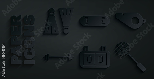 Set Sport mechanical scoreboard, Whistle, Barbell, Tennis racket, Skateboard trick and Rubber flippers for swimming icon. Vector