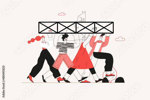 Startup illustration. Flat line vector modern concept illustration of young people, startup metaphor. Concept of building new business, planning, strategy, teamwork and management, company processes