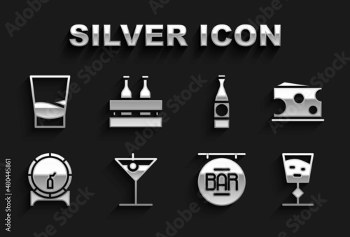 Set Martini glass, Cheese, Wine, Street signboard with Bar, Wooden barrel on rack, Beer bottle, Glass of vodka and Pack beer bottles icon. Vector