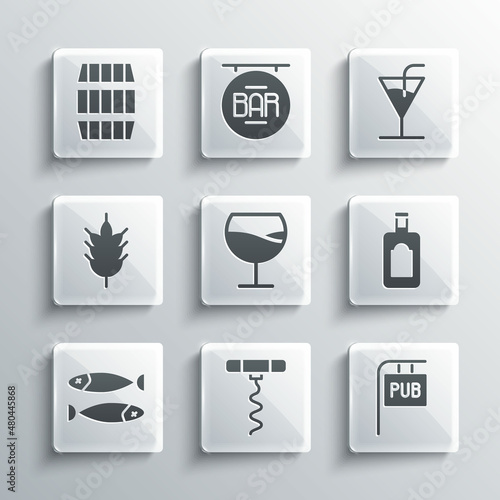 Set Wine corkscrew, Street signboard with Pub, Whiskey bottle, glass, Dried fish, Hop, Wooden barrel and Cocktail icon. Vector