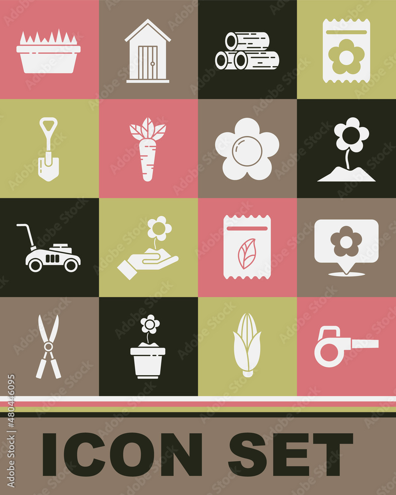 Set Leaf garden blower, Location with flower, Flower, Wooden logs, Carrot, Shovel, Fresh grass in rectangular and icon. Vector Set Leaf garden blower, Location with flower, Flower, Wooden logs, Carrot, Shovel, Fresh grass in rectangular and icon. Vector