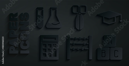 Set Abacus, Graduation cap, Calculator, ABC blocks, Scissors and Test tube and flask icon. Vector