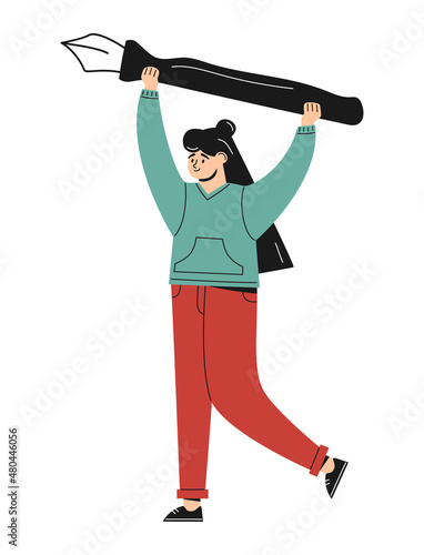 Cartoon illustration of woman holding large fountain pen. Сreative artist or designer at work. Concept of writing or drawing. Сopywriter, blogger, freelancer. Flat vector cute character. Isolated.